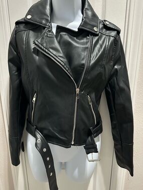 iris Black Faux Leather Moto Jacket with Belt